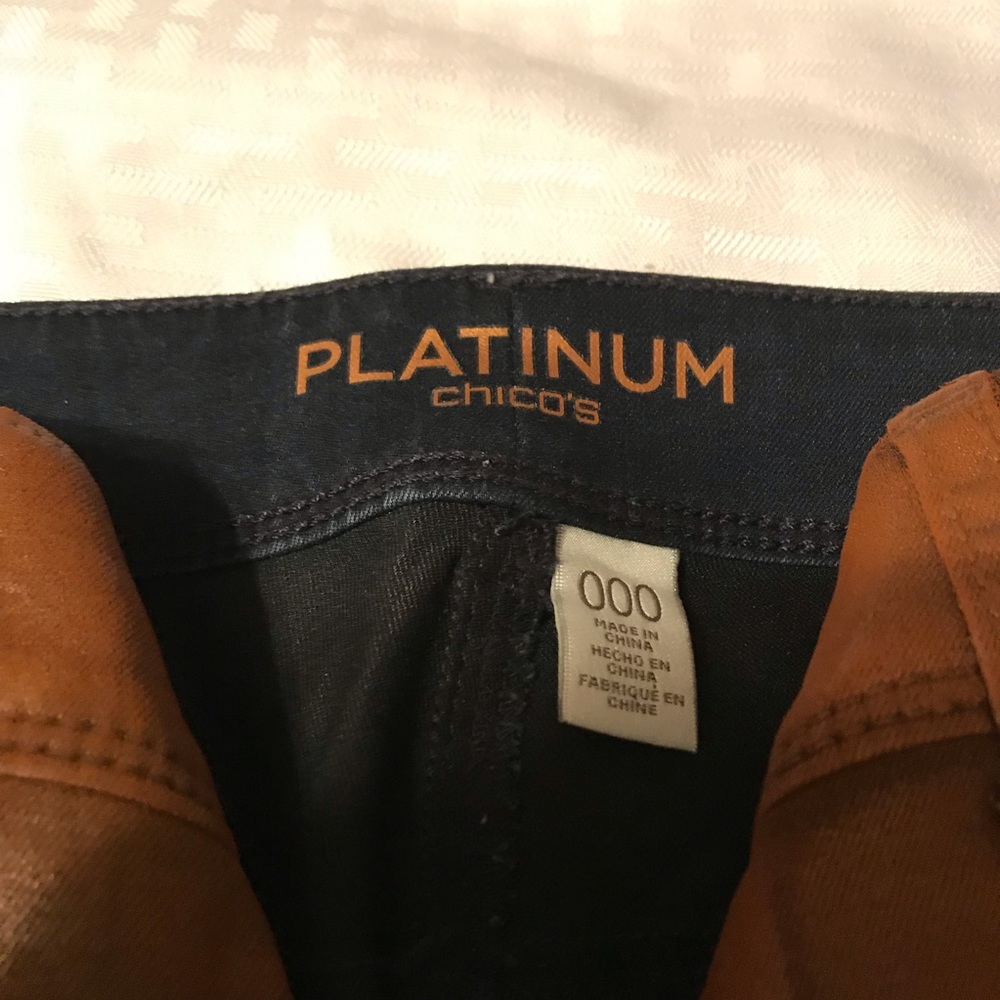 Chico’s Platinum Stretch Faux Leather Jeans